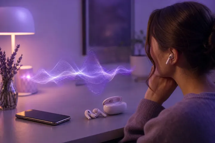 Langattomat nappikuulokkeet ja pehmeät violetit ääniaallot